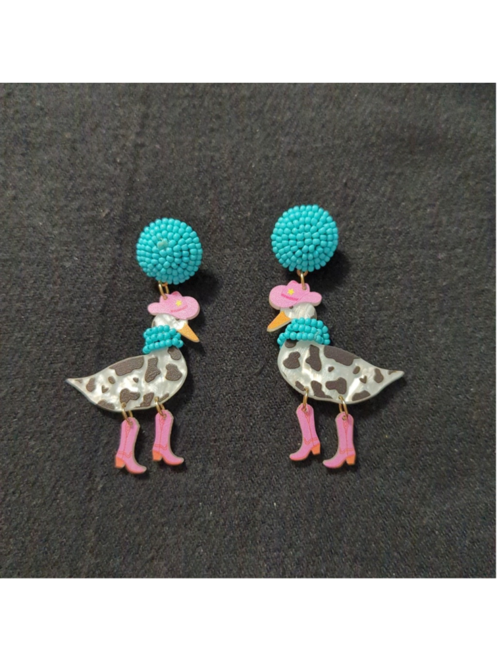 Cow Print Goose in Pink Cowboy Boots and Hat with Blue Beads Statement Earrings